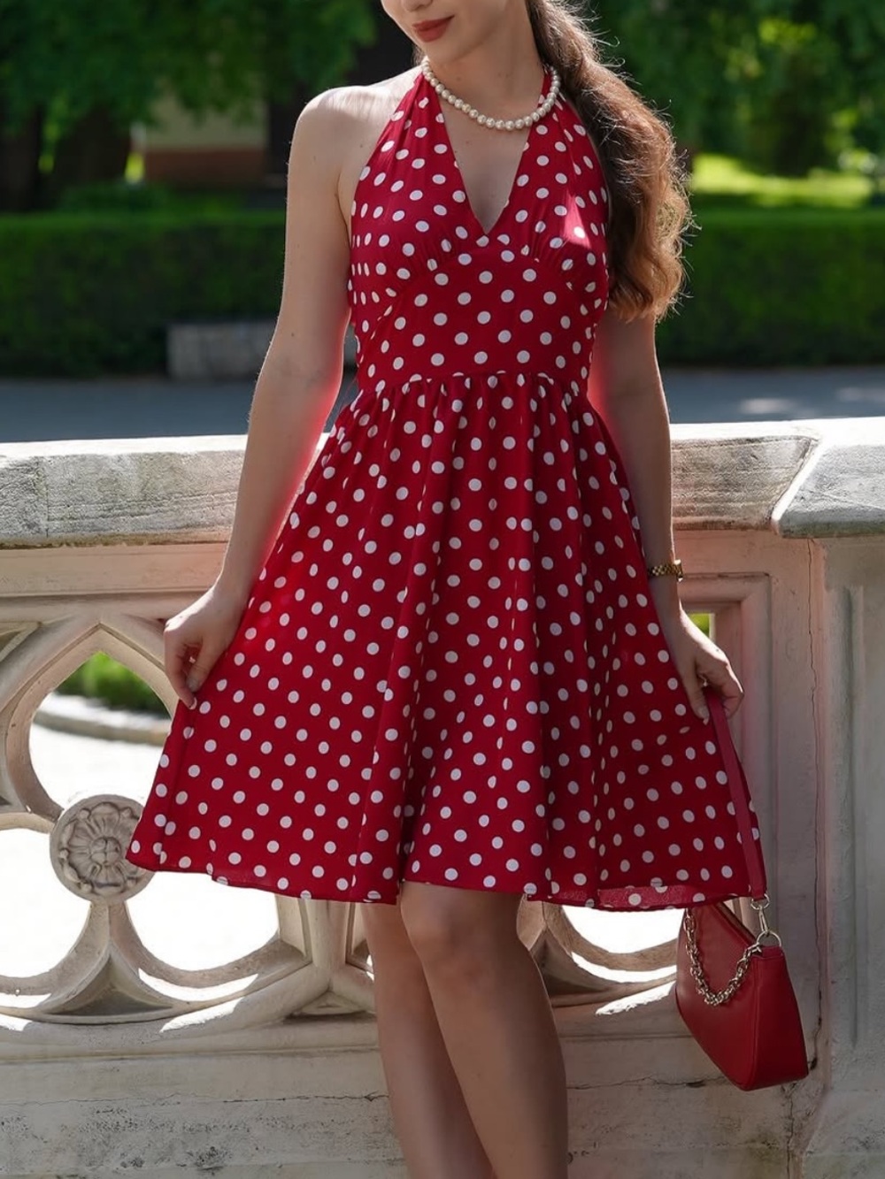 Red Polka Dot Halter Dress Midi flared cottage-core